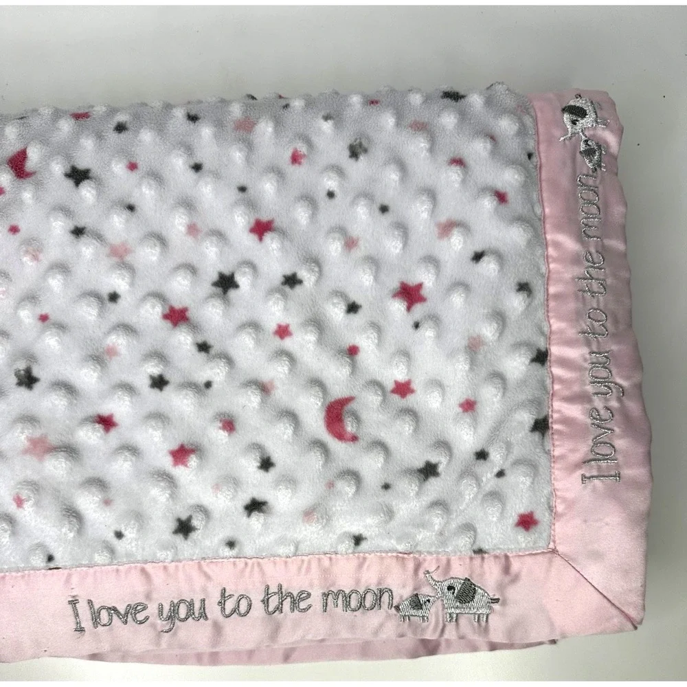 Just Born Baby Blanket I love you to the moon Elephants Pink Dots Texture